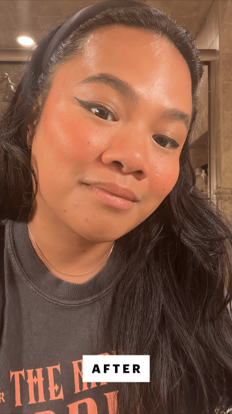 Calaor after applying the Charlotte Tilbury Unreal Lip Cheek Glow Blush Stick with Hyaluronic Acid