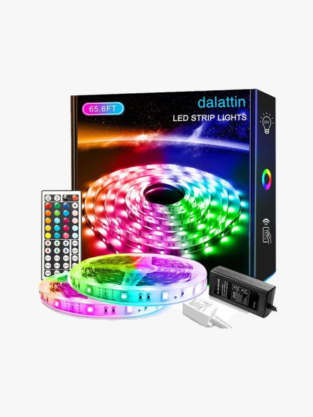 Dalattin LED Light Strip multicolored strip of LED lights and black box on light gray background