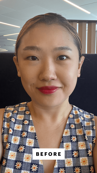 A selfie of Allure commerce editor Sarah Han before applying Rhode Pocket Blush in Toasted Teddy