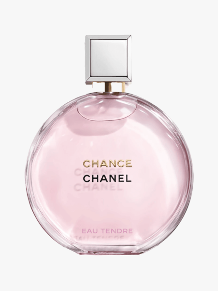 Chanel Chance Eau Tendre Eau de Parfum in branded clear glass bottle with white cap on light gray background