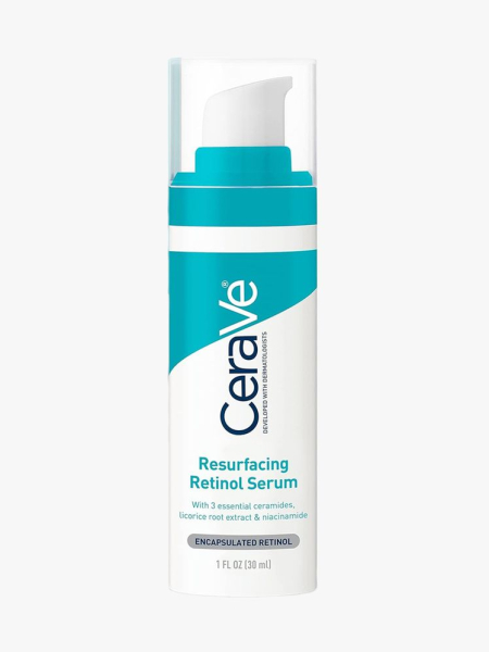 CeraVe Resurfacing Retinol Serum in branded bottle component on a light gray background