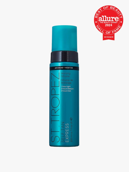 St. Tropez Self Tan Express Bronzing Mousse teal container of bronzing mousse on light gray background with red Allure Best of Beauty Hall of Fame seal in the top right corner